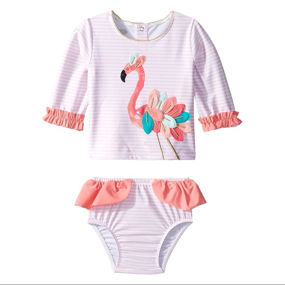 NWT Girls Coral Flamingo Rashguard Set